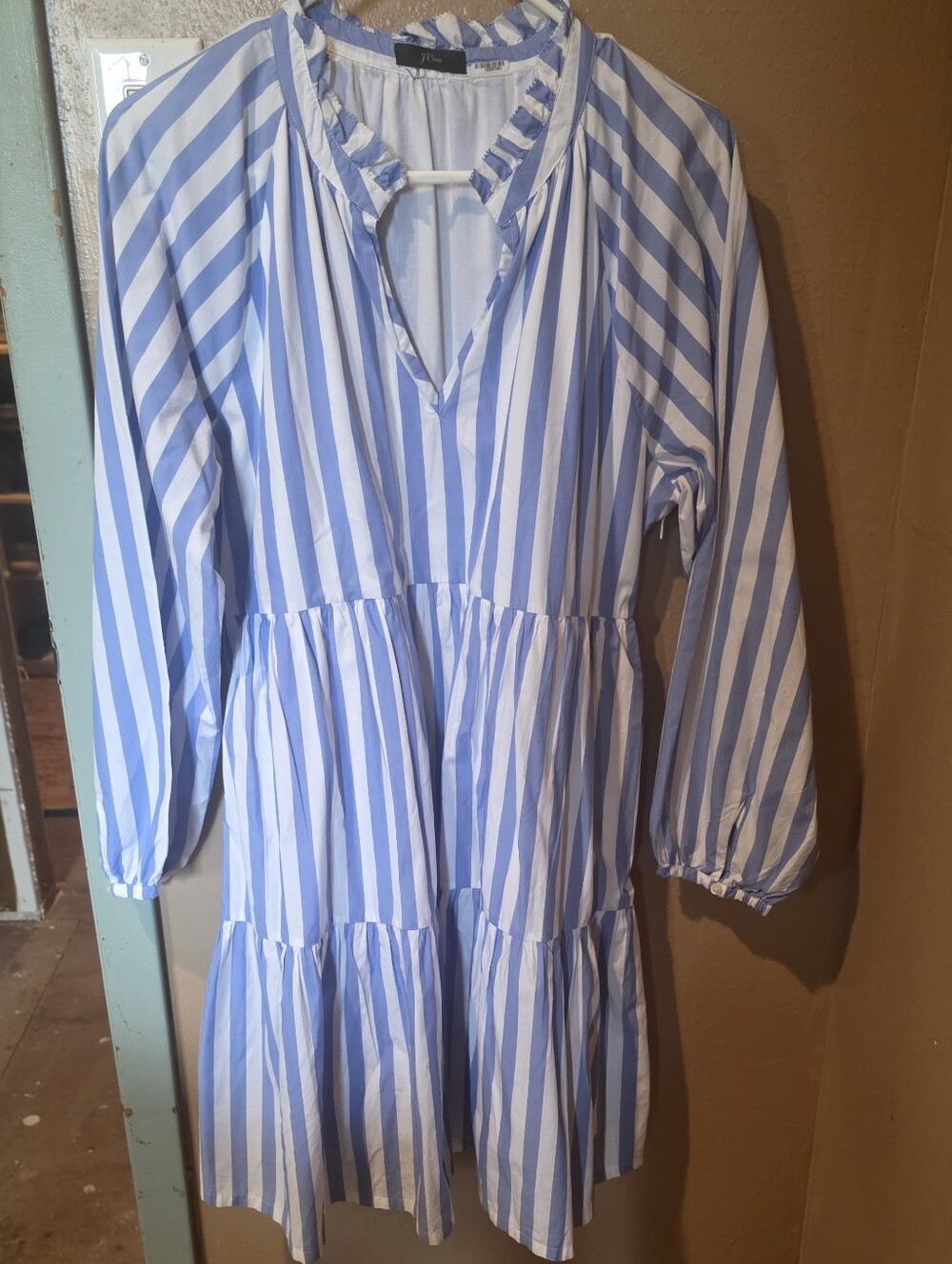 J. Crew Blue and White Striped Ruffle Dress
